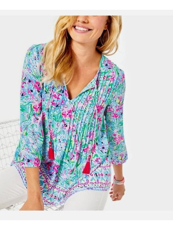 Lilly Pulitzer Tops - Lilly Pulitzer Womens Size M Marilina Tunic Top Floral Tassels Blue Green Pink